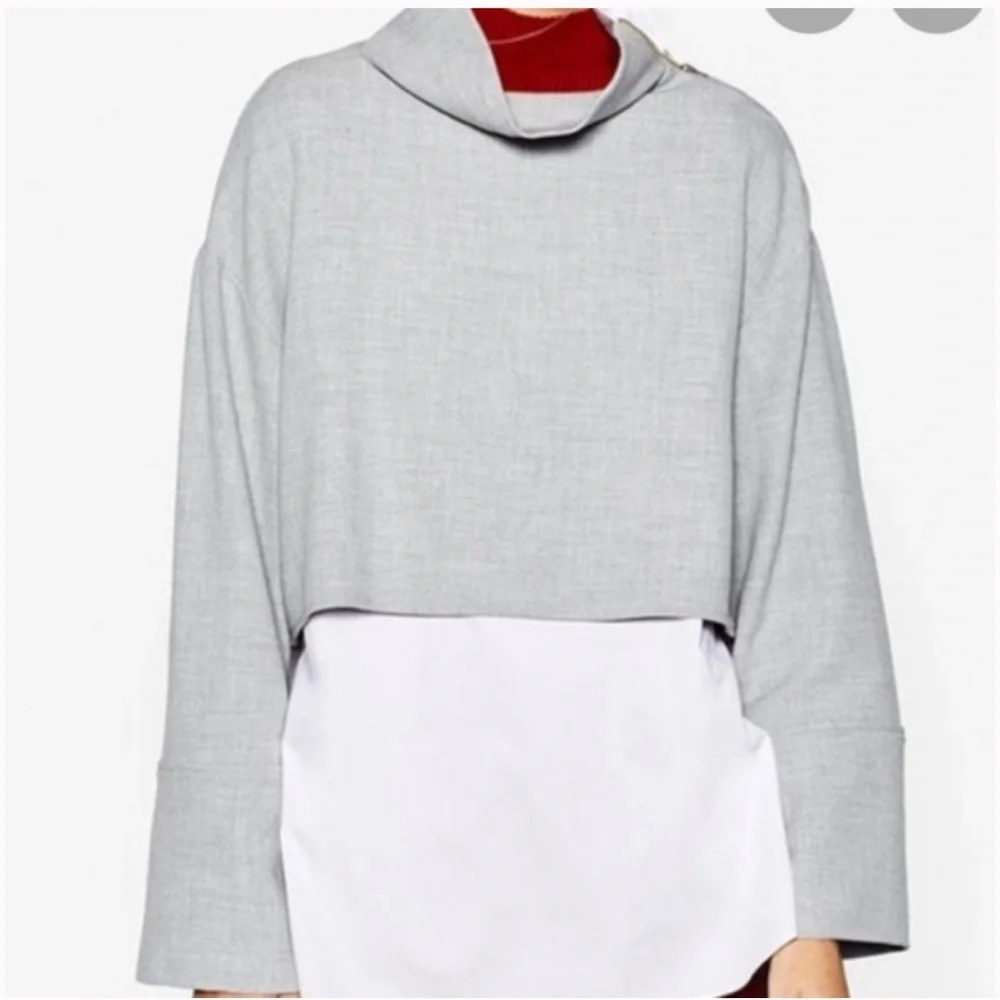 Zara Trafaluc mock neck zipper shoulder Boxy Gray & White Career blouse Sz M - Picture 7 of 7